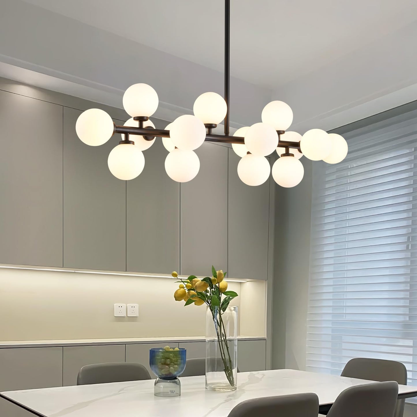 16-Light Mid Century Glass Chandelier 39in Modern Black Linear Pendant Fixture No Bulb