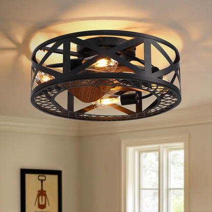 20 in. Smart Indoor Industrial Black Caged Low Profile Flush Mount Ceiling Fans with Remote with No Bulb Included
