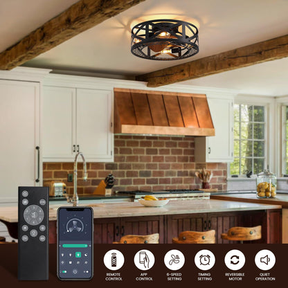 20 in. Smart Indoor Industrial Black Caged Low Profile Flush Mount Ceiling Fans with Remote with No Bulb Included
