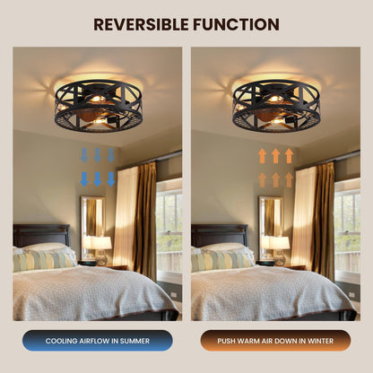 20 in. Smart Indoor Industrial Black Caged Low Profile Flush Mount Ceiling Fans with Remote with No Bulb Included