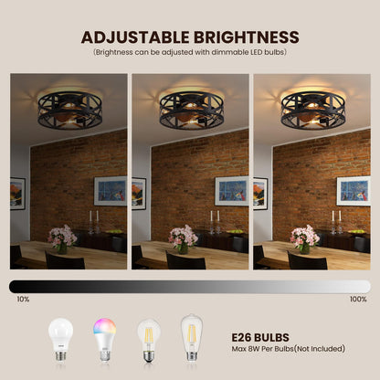 20 in. Smart Indoor Industrial Black Caged Low Profile Flush Mount Ceiling Fans with Remote with No Bulb Included