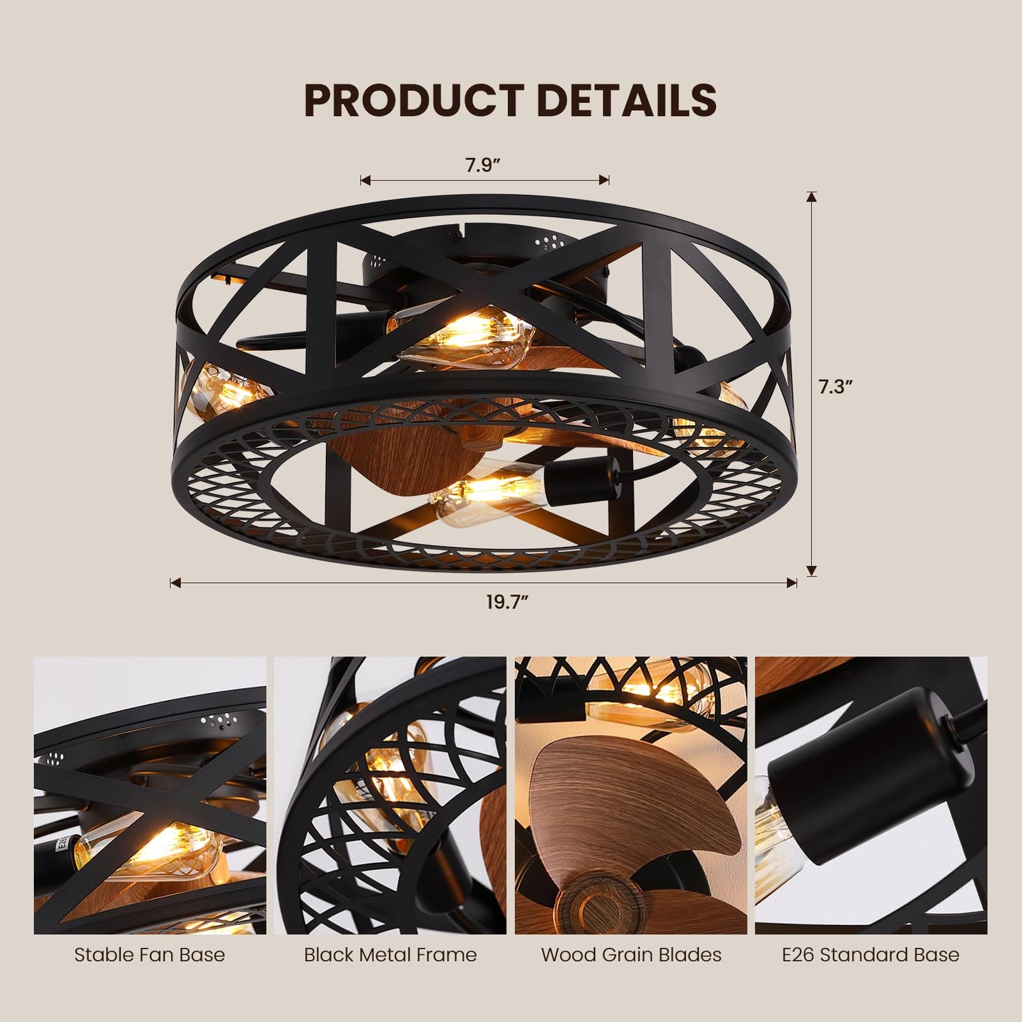 20 in. Smart Indoor Industrial Black Caged Low Profile Flush Mount Ceiling Fans with Remote with No Bulb Included