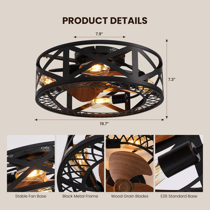 20 in. Smart Indoor Industrial Black Caged Low Profile Flush Mount Ceiling Fans with Remote with No Bulb Included