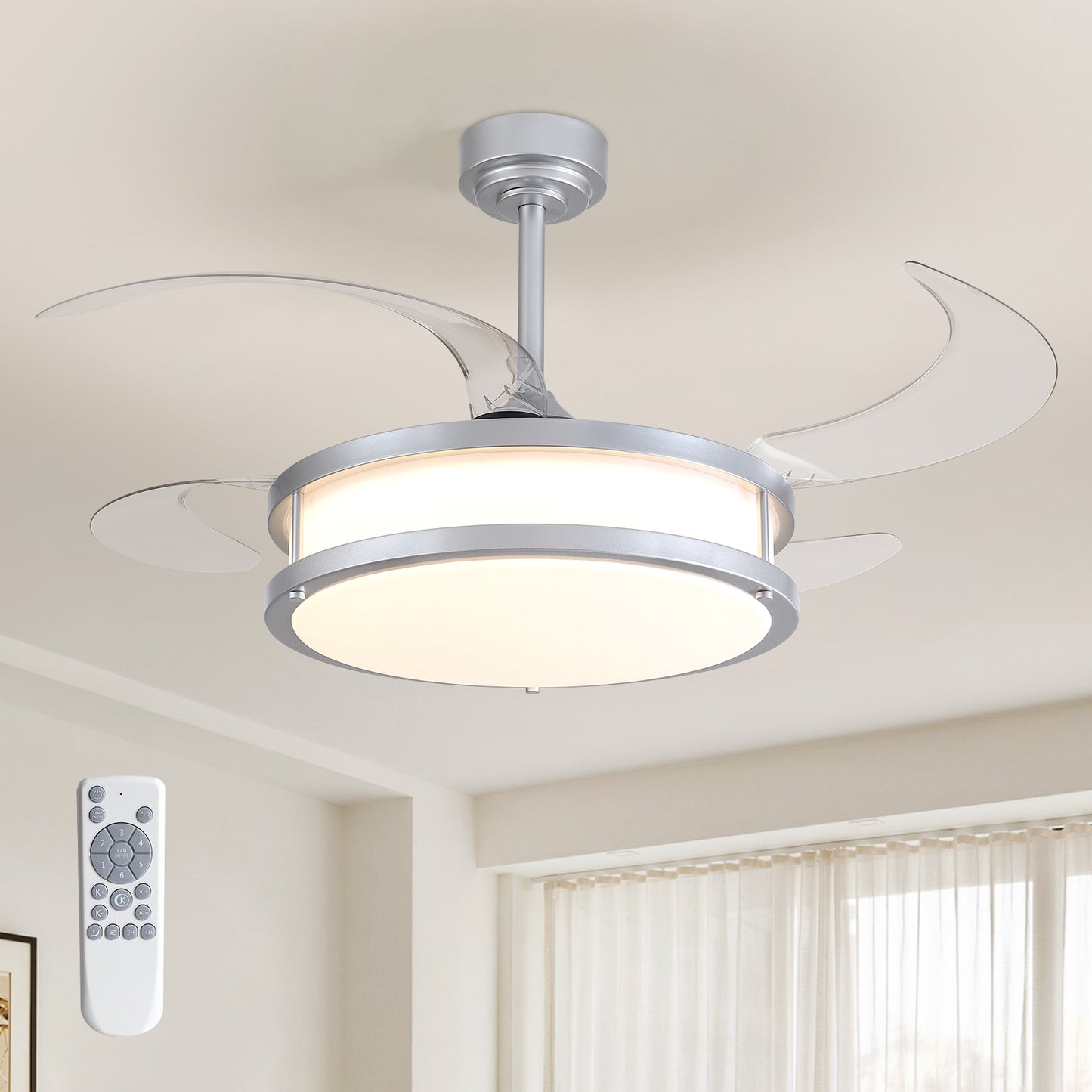 48in Indoor Downrod Mount Modern Silver Retractable Fandelier Dimmable Ceiling Fan with Remote