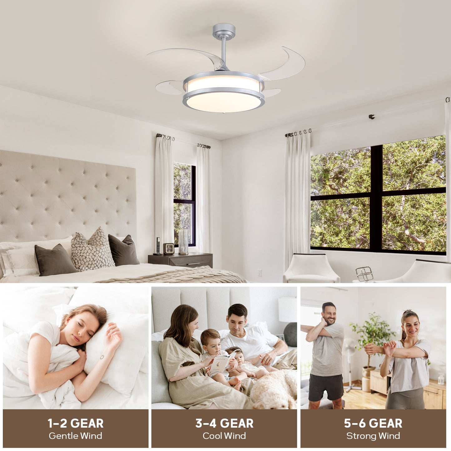48in Indoor Downrod Mount Modern Silver Retractable Fandelier Dimmable Ceiling Fan with Remote