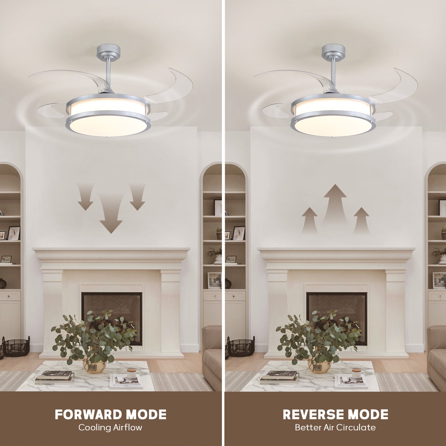 48in Indoor Downrod Mount Modern Silver Retractable Fandelier Dimmable Ceiling Fan with Remote