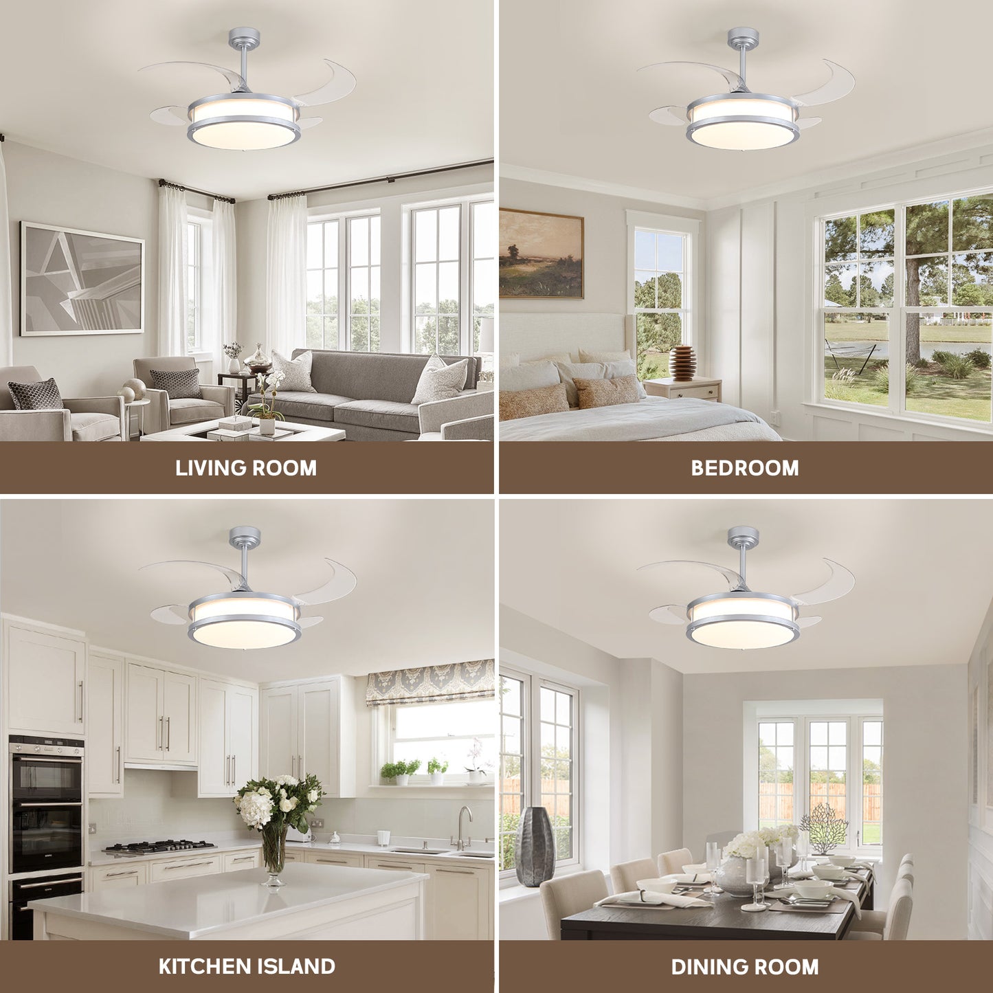 48in Indoor Downrod Mount Modern Silver Retractable Fandelier Dimmable Ceiling Fan with Remote