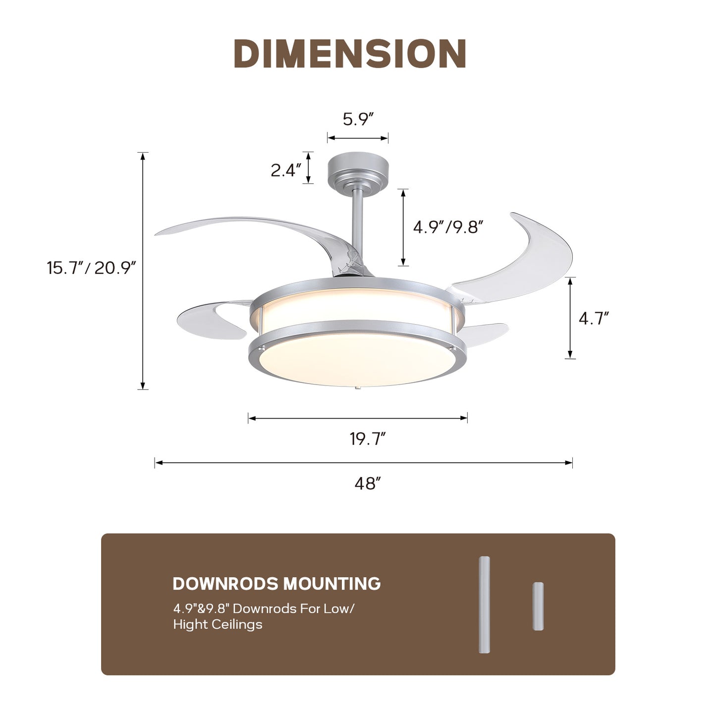 48in Indoor Downrod Mount Modern Silver Retractable Fandelier Dimmable Ceiling Fan with Remote