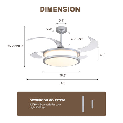 48in Indoor Downrod Mount Modern Silver Retractable Fandelier Dimmable Ceiling Fan with Remote