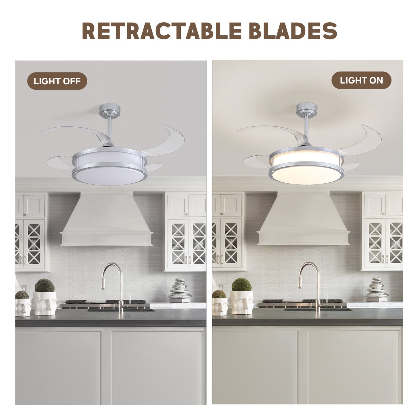 48in Indoor Downrod Mount Modern Silver Retractable Fandelier Dimmable Ceiling Fan with Remote