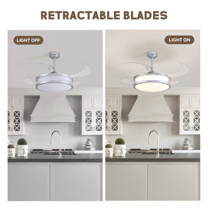 48in Indoor Downrod Mount Modern Silver Retractable Fandelier Dimmable Ceiling Fan with Remote