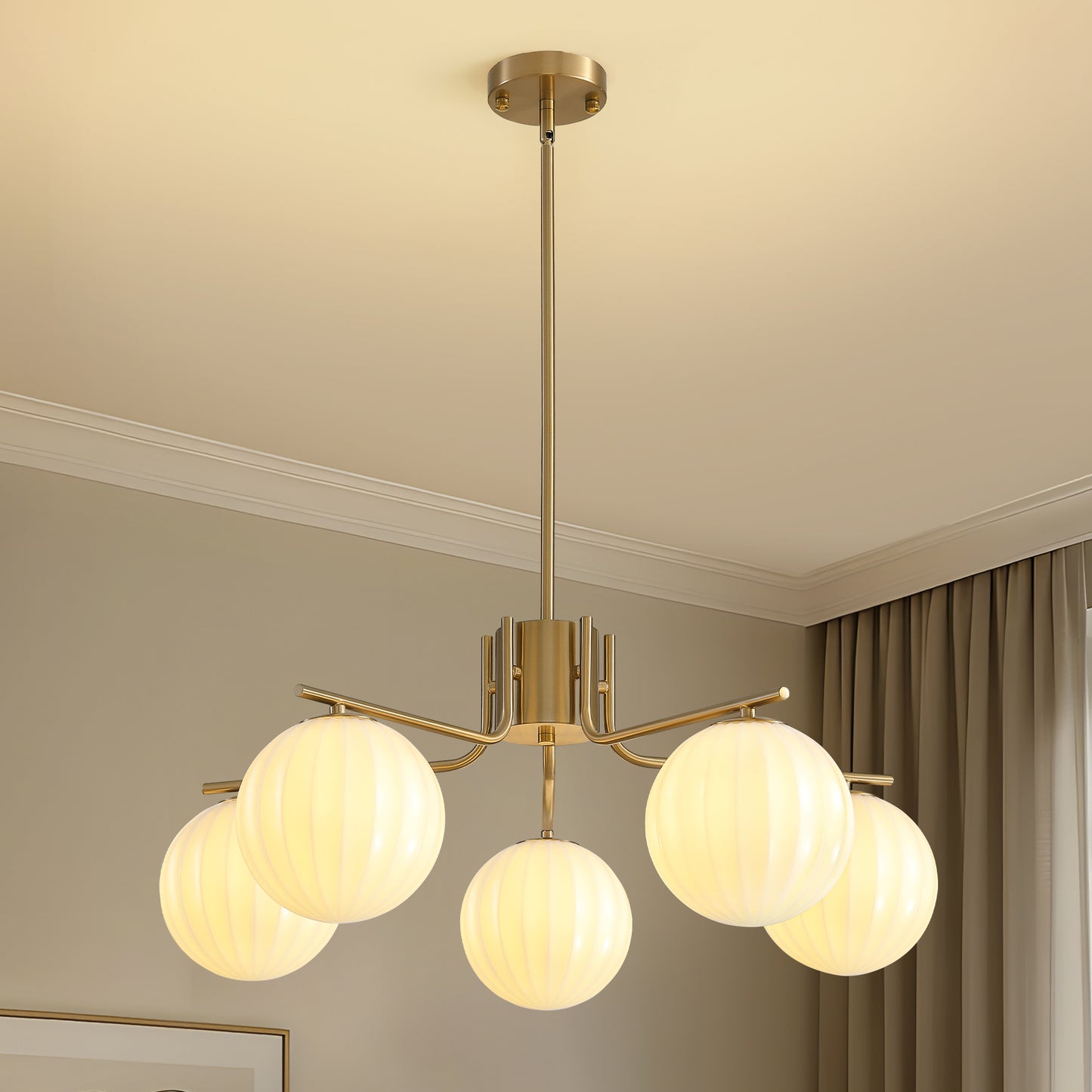 31.5in Gold 5-Light Pendant with Watermelon Glass Shades, Adjustable for Sloped Ceilings