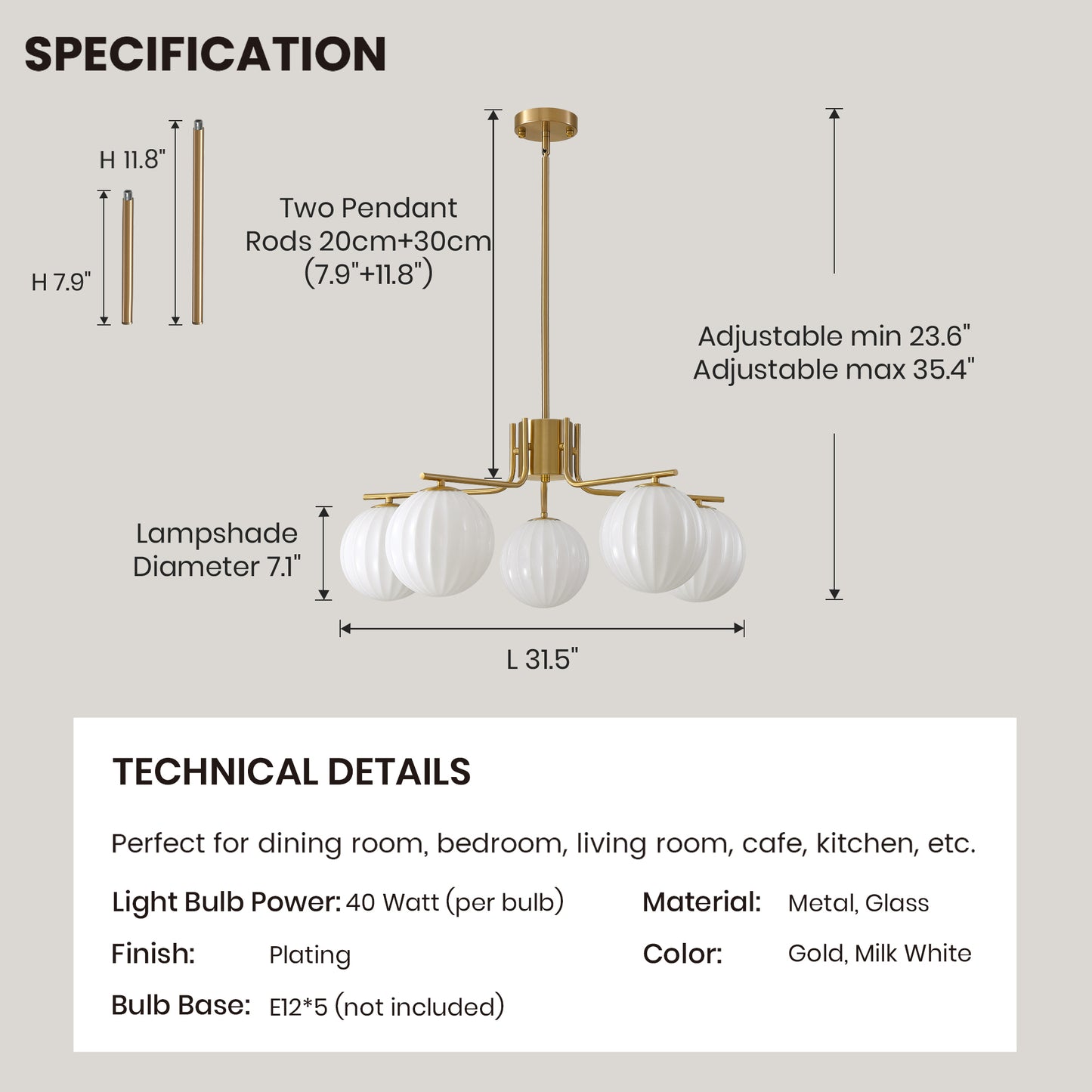 31.5in Gold 5-Light Pendant with Watermelon Glass Shades, Adjustable for Sloped Ceilings