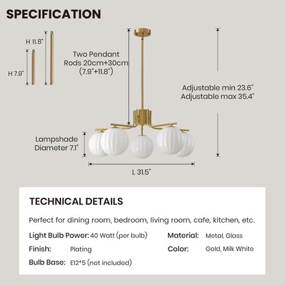 31.5in Gold 5-Light Pendant with Watermelon Glass Shades, Adjustable for Sloped Ceilings