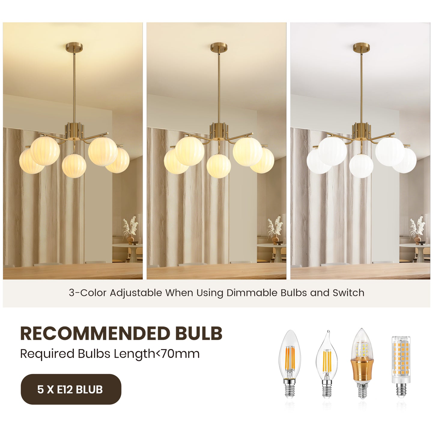 31.5in Gold 5-Light Pendant with Watermelon Glass Shades, Adjustable for Sloped Ceilings