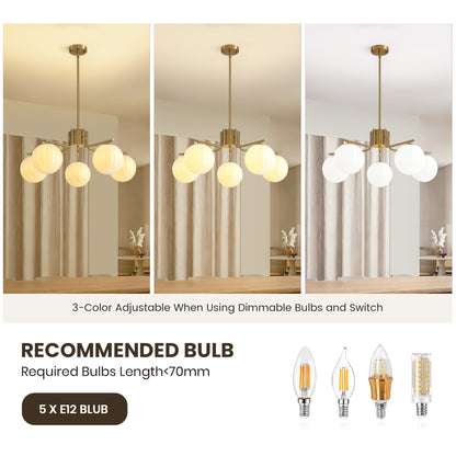 31.5in Gold 5-Light Pendant with Watermelon Glass Shades, Adjustable for Sloped Ceilings