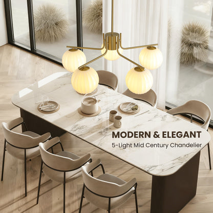 31.5in Gold 5-Light Pendant with Watermelon Glass Shades, Adjustable for Sloped Ceilings