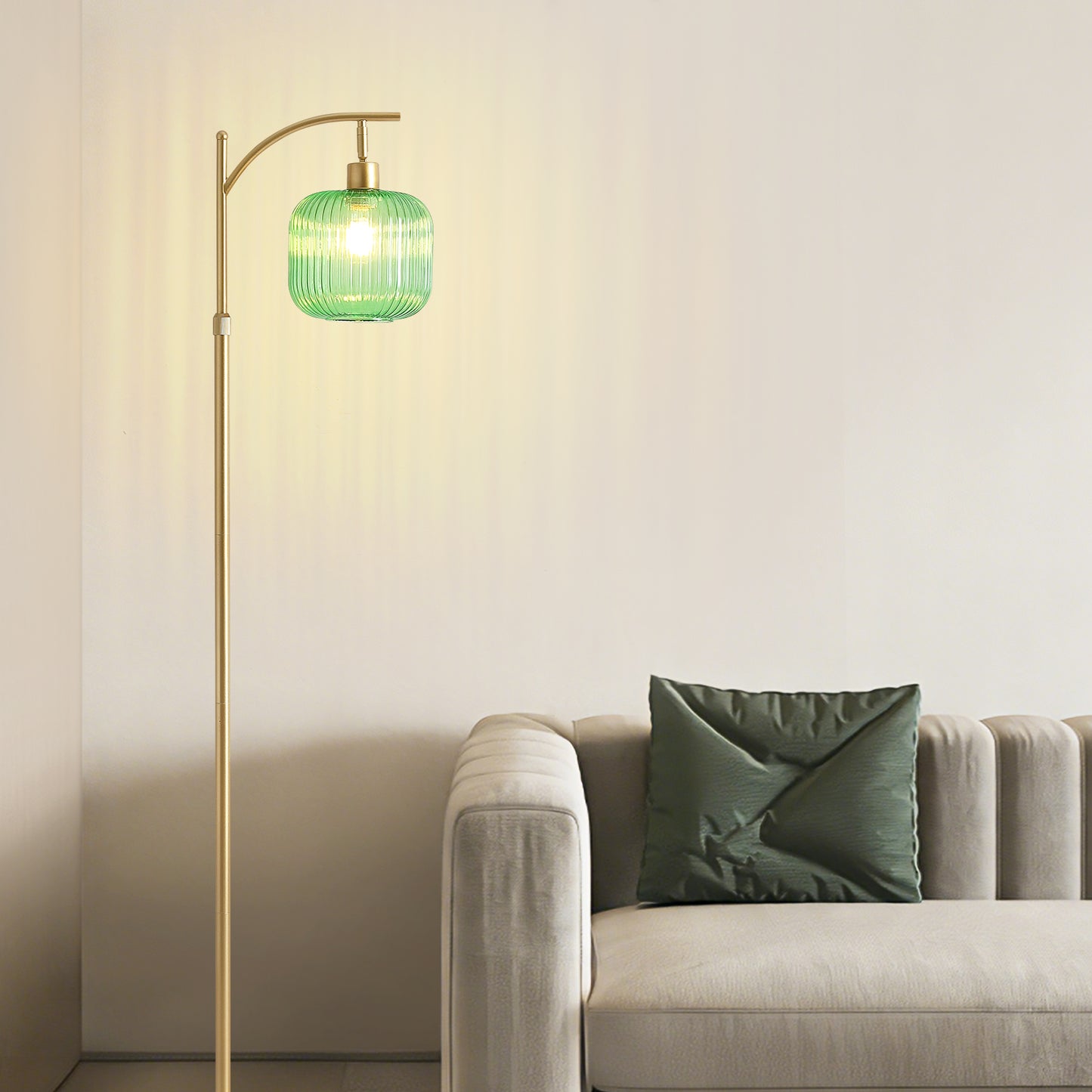 66in Adjustable Floor Lamp with Green Ribbed Glass Shade & Pedal Switch