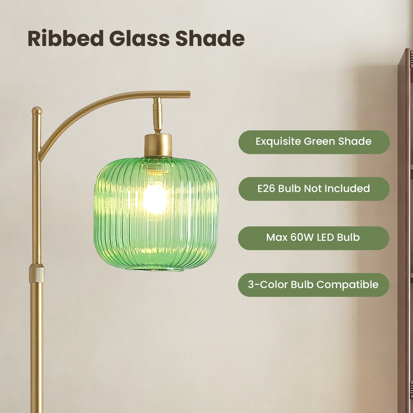 66in Adjustable Floor Lamp with Green Ribbed Glass Shade & Pedal Switch