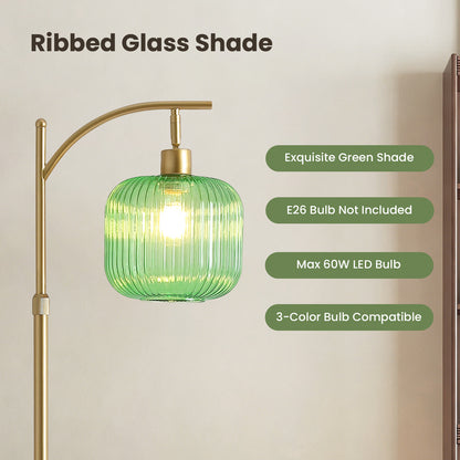 66in Adjustable Floor Lamp with Green Ribbed Glass Shade & Pedal Switch
