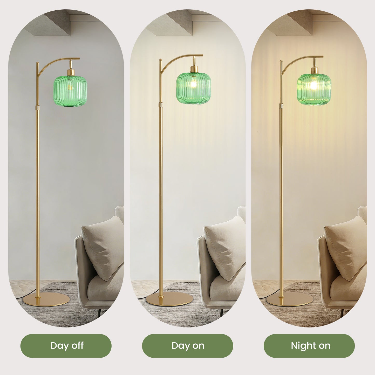 66in Adjustable Floor Lamp with Green Ribbed Glass Shade & Pedal Switch