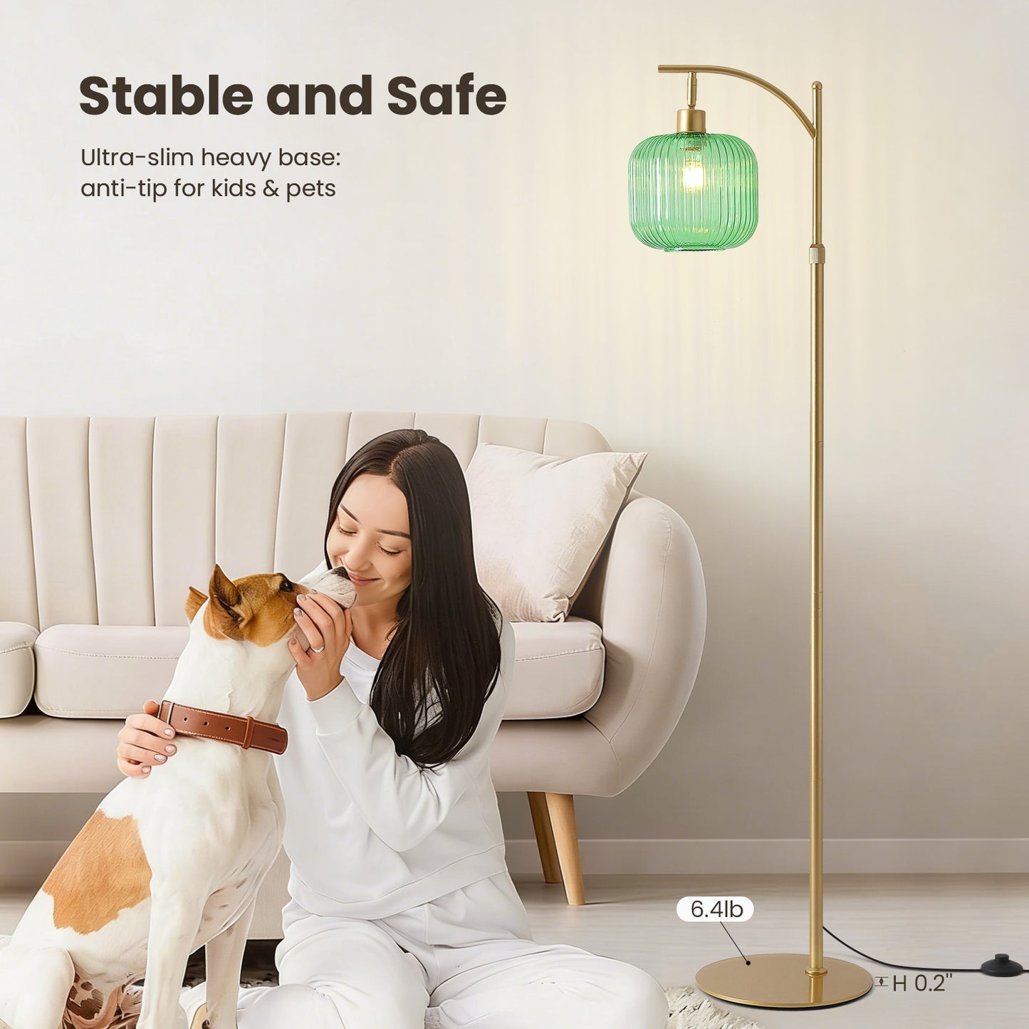 66in Adjustable Floor Lamp with Green Ribbed Glass Shade & Pedal Switch