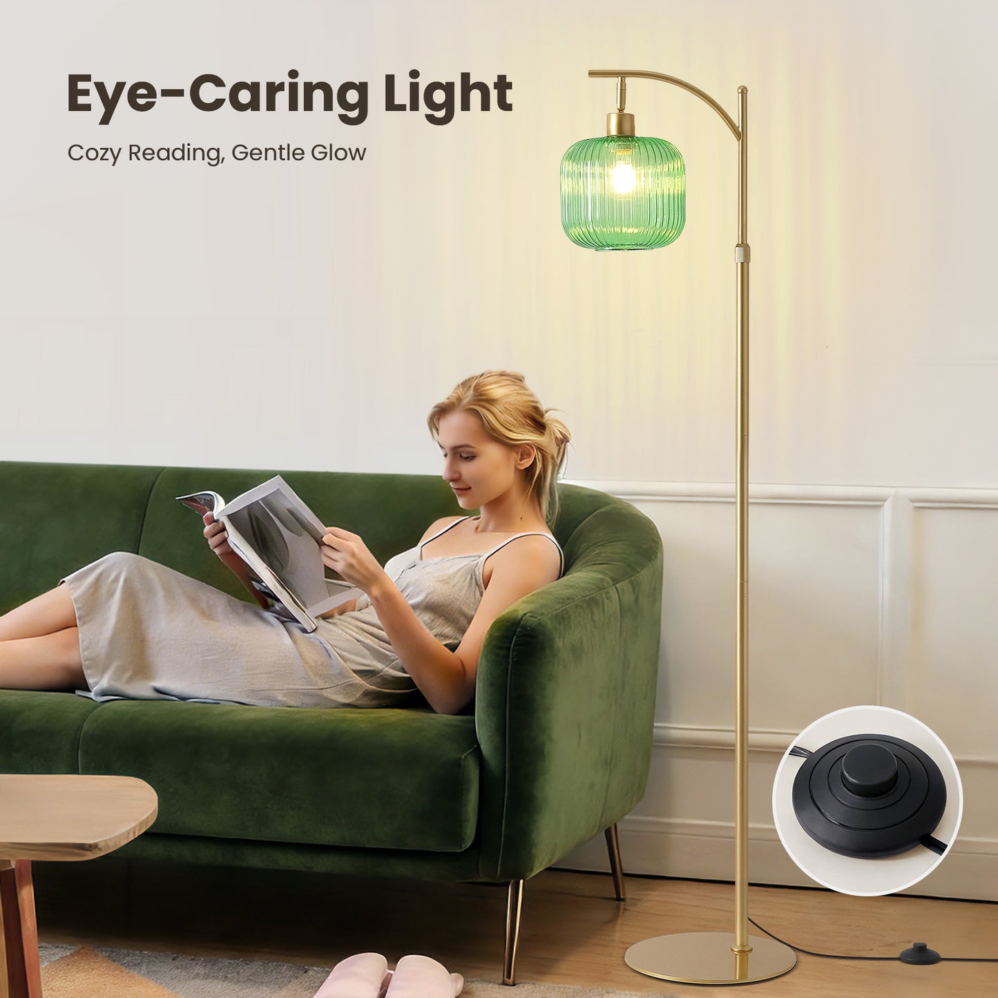 66in Adjustable Floor Lamp with Green Ribbed Glass Shade & Pedal Switch