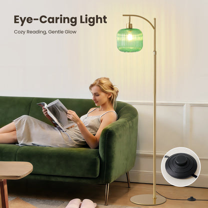 66in Adjustable Floor Lamp with Green Ribbed Glass Shade & Pedal Switch
