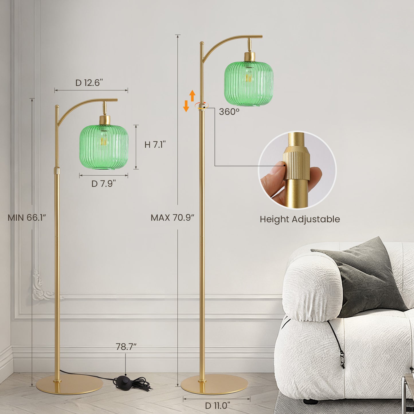66in Adjustable Floor Lamp with Green Ribbed Glass Shade & Pedal Switch