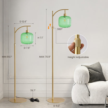 66in Adjustable Floor Lamp with Green Ribbed Glass Shade & Pedal Switch