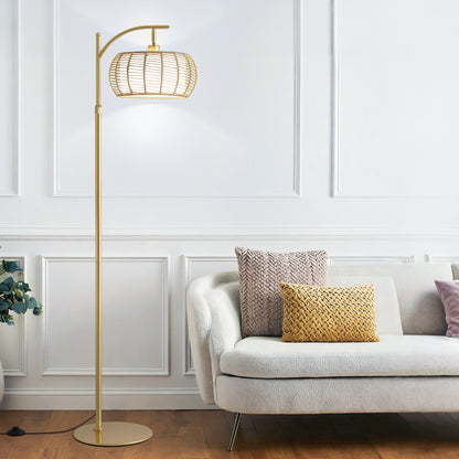 70in Gold Floor Lamp with Handwoven Rattan Shade, Adjustable Boho Standing Lamp