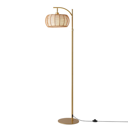 70in Gold Floor Lamp with Handwoven Rattan Shade, Adjustable Boho Standing Lamp