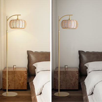 70in Gold Floor Lamp with Handwoven Rattan Shade, Adjustable Boho Standing Lamp