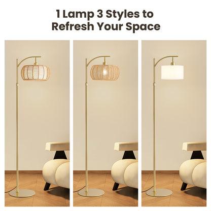 70in Gold Floor Lamp with Handwoven Rattan Shade, Adjustable Boho Standing Lamp