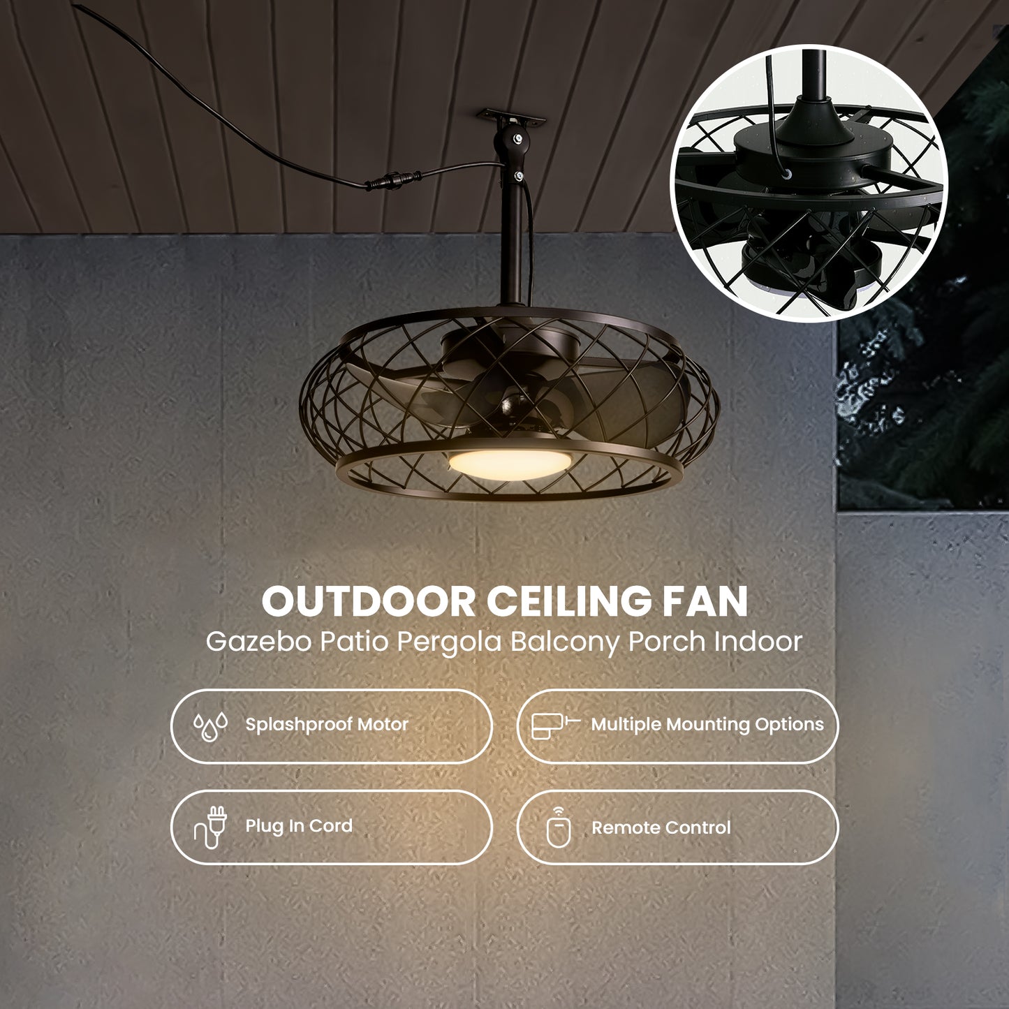 20in Indoor/Outdoor Black LED Waterproof Cage Ceiling Fan Light with Dimming and Timer (Includes Remote Control)