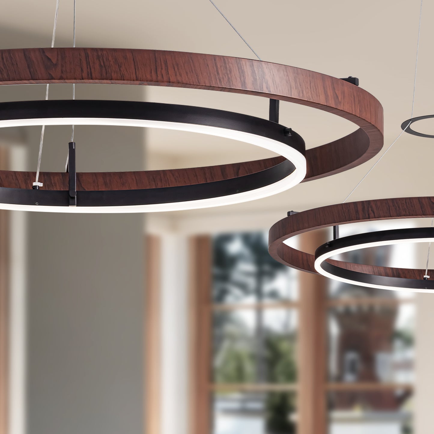 32 in. Modern 1-Light Wood and Black Circle Dimmable Integrated LED Chandeliers for Dining Room Kitchen Island