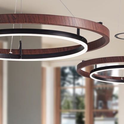32 in. Modern 1-Light Wood and Black Circle Dimmable Integrated LED Chandeliers for Dining Room Kitchen Island