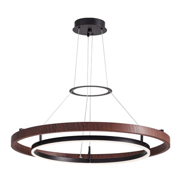 32 in. Modern 1-Light Wood and Black Circle Dimmable Integrated LED Chandeliers for Dining Room Kitchen Island