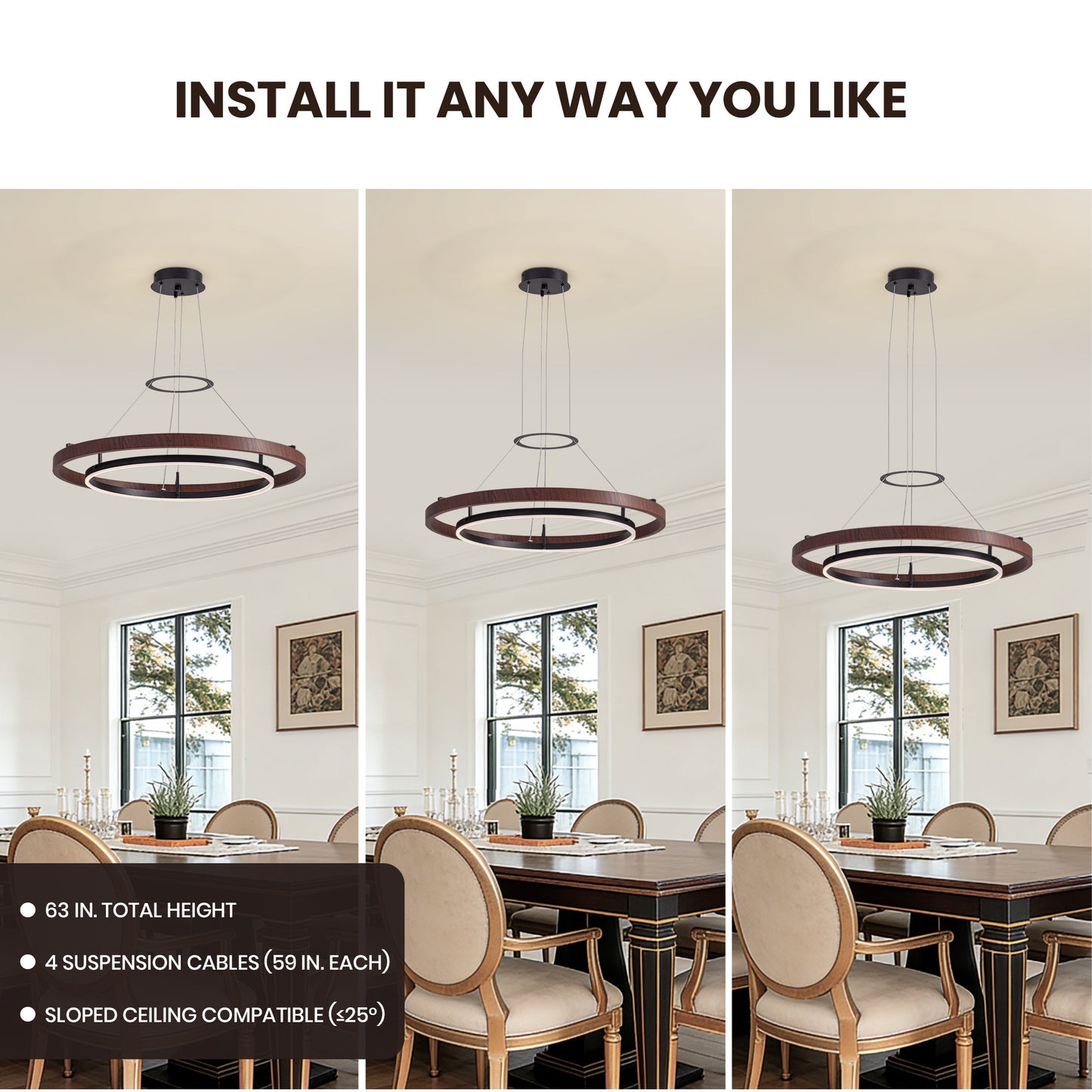 32 in. Modern 1-Light Wood and Black Circle Dimmable Integrated LED Chandeliers for Dining Room Kitchen Island