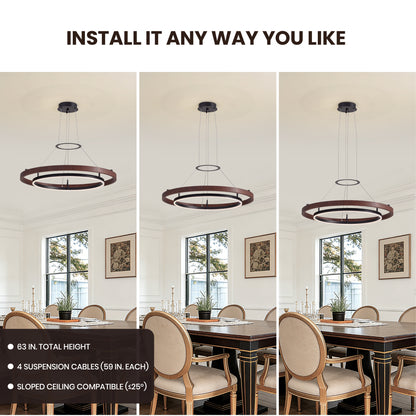 32 in. Modern 1-Light Wood and Black Circle Dimmable Integrated LED Chandeliers for Dining Room Kitchen Island