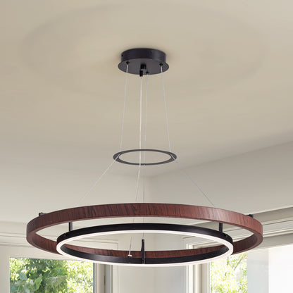 32 in. Modern 1-Light Wood and Black Circle Dimmable Integrated LED Chandeliers for Dining Room Kitchen Island
