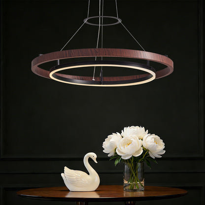 32 in. Modern 1-Light Wood and Black Circle Dimmable Integrated LED Chandeliers for Dining Room Kitchen Island