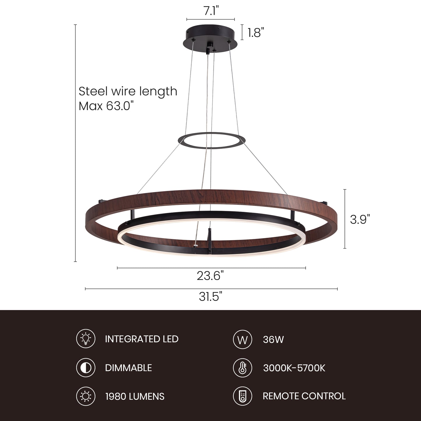 32 in. Modern 1-Light Wood and Black Circle Dimmable Integrated LED Chandeliers for Dining Room Kitchen Island