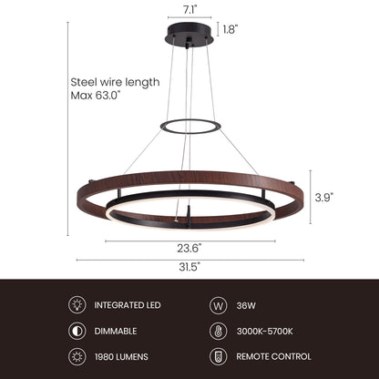 32 in. Modern 1-Light Wood and Black Circle Dimmable Integrated LED Chandeliers for Dining Room Kitchen Island