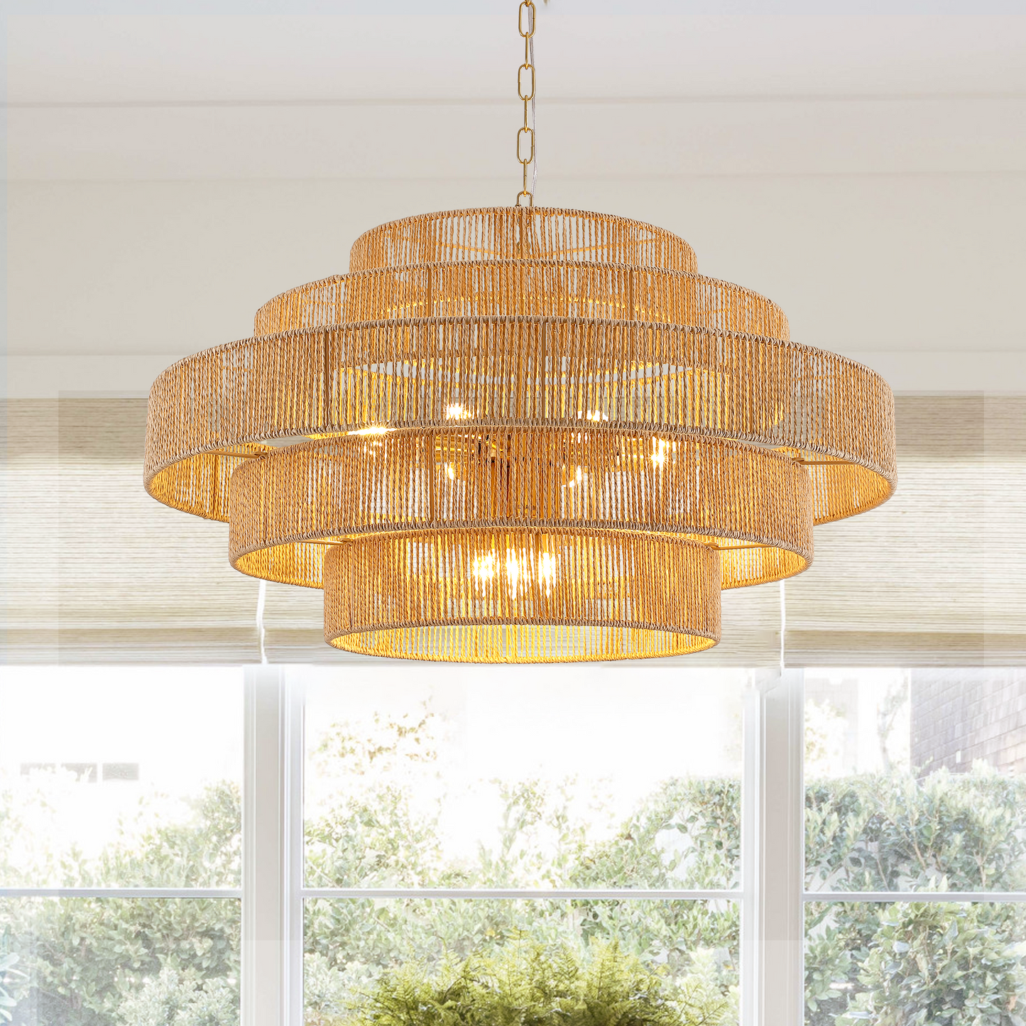 12-Light Natural Adjustable Gold Dimmable 5-Tier Hand-Woven Chandelier with Rattan Shaded for Living Room