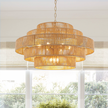 12-Light Natural Adjustable Gold Dimmable 5-Tier Hand-Woven Chandelier with Rattan Shaded for Living Room