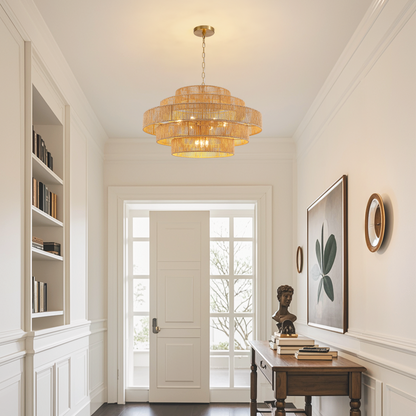 12-Light Natural Adjustable Gold Dimmable 5-Tier Hand-Woven Chandelier with Rattan Shaded for Living Room