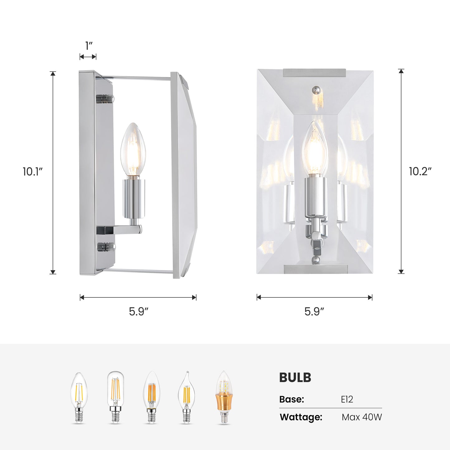 10.2 in. Length 1-Light Chrome Modern Wall Sconces with Rectangular Clear Glass Shade (Bulbs Not Included)