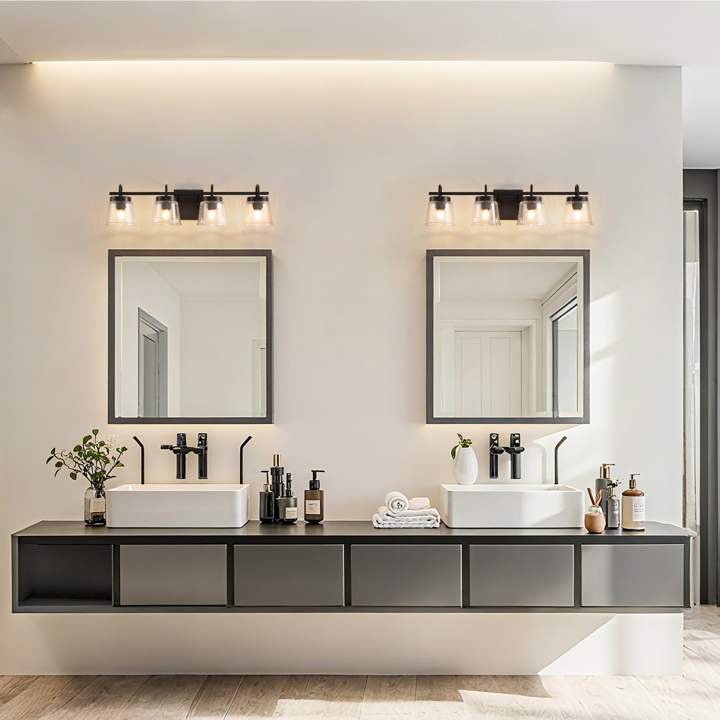 30.9in 4-Light Matte Black Vanity Light Dimmable 3-Color with Modern Wavy Glass for Bathroom (Bulbs Not Included)