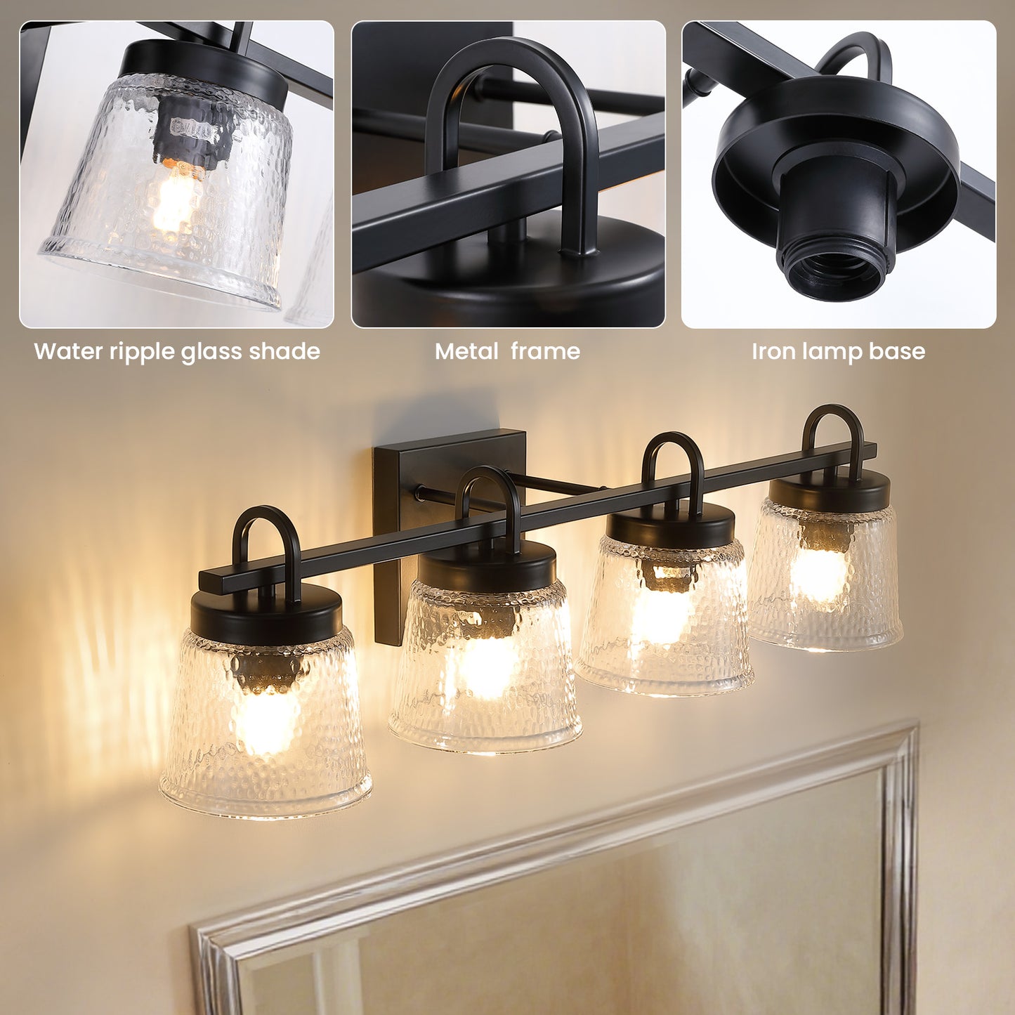 30.9in 4-Light Matte Black Vanity Light Dimmable 3-Color with Modern Wavy Glass for Bathroom (Bulbs Not Included)